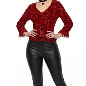 Vintage crimson red Silk Blend Burnout Velvet Ruffle Blouse - Red - Size M